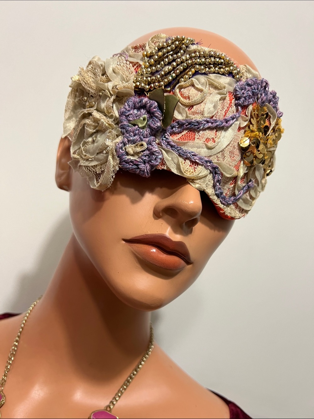 Embellished Cream and Lavender Lace Sleep Mask